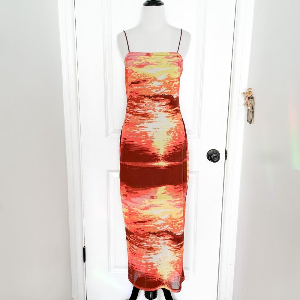 Zara Sunset Print Bodycon Mesh Midi Dress